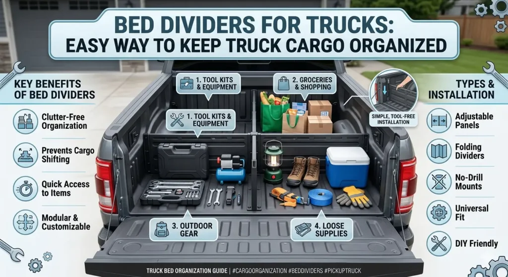 Bed dividers for trucks separating cargo inside a pickup truck bed