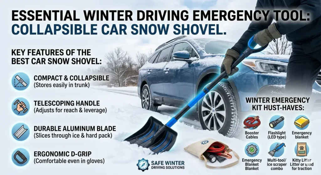 Compact car snow shovel removing snow around a vehicle