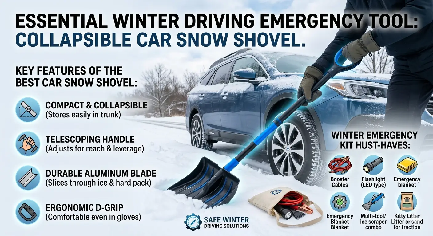Compact car snow shovel removing snow around a vehicle