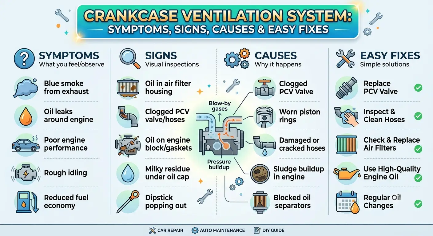 Common crankcase ventilation symptoms including oil leaks and blue exhaust smoke