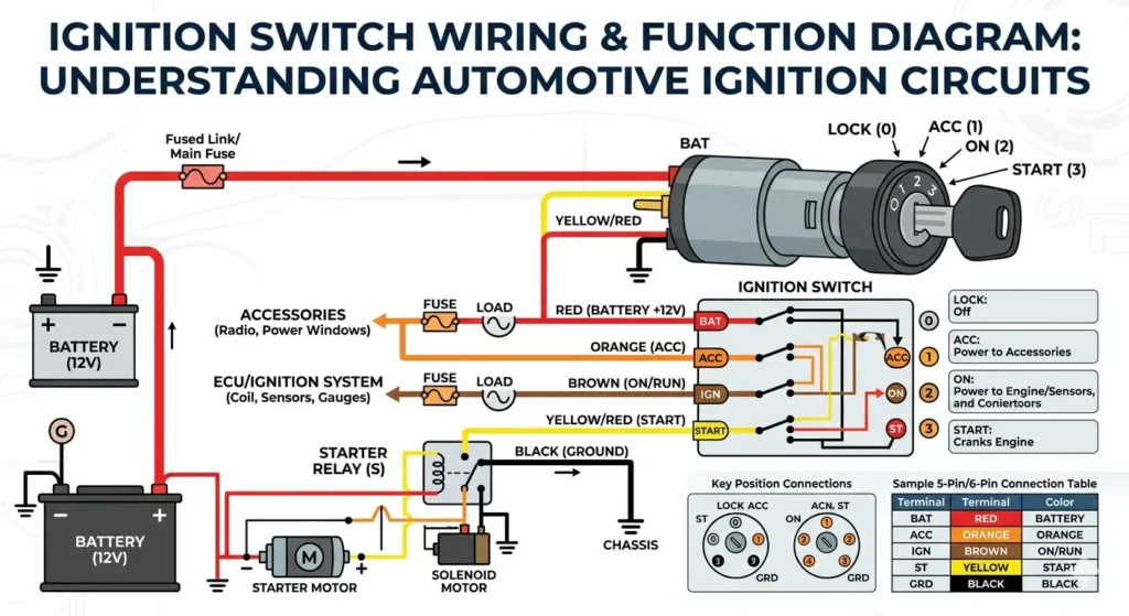 Diagram for ignition switch showing battery starter and ignition wire connections