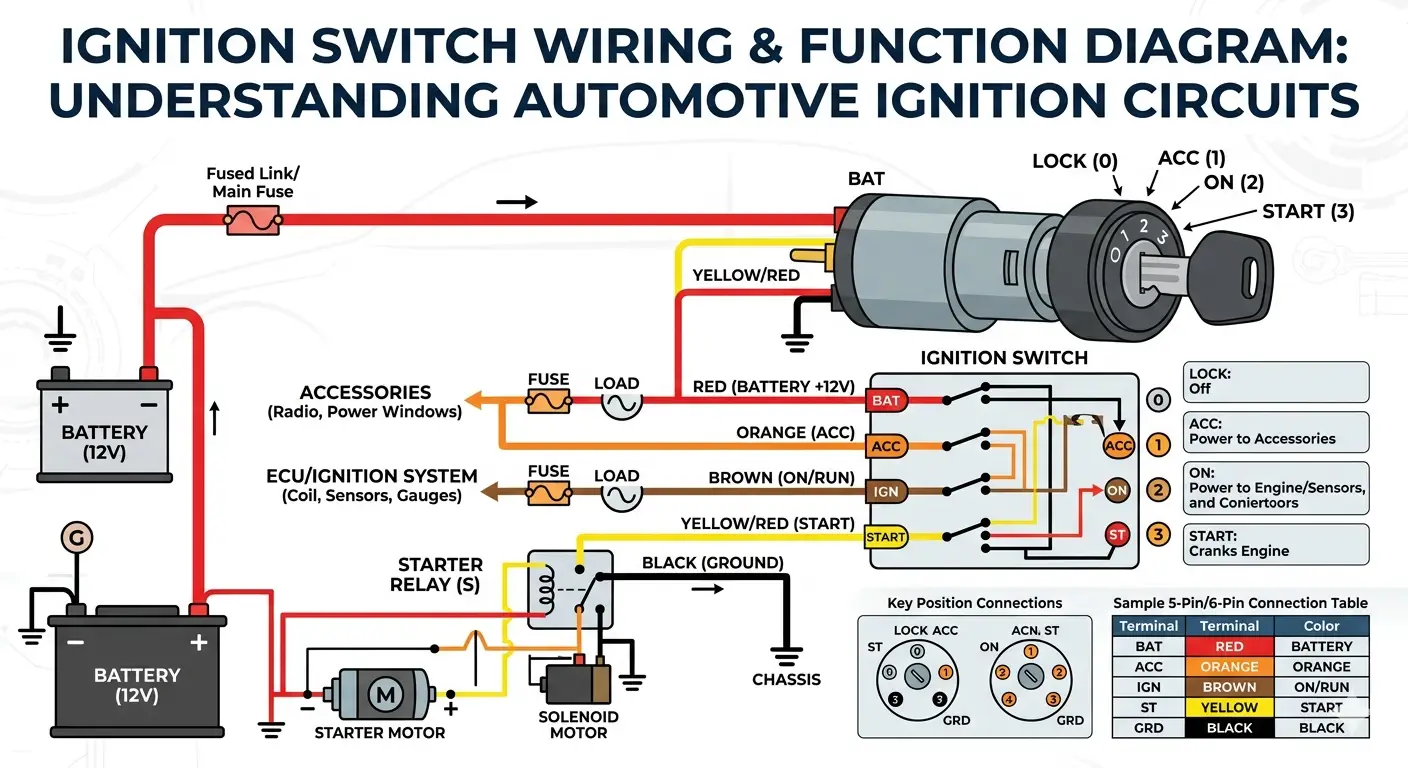 Diagram for ignition switch showing battery starter and ignition wire connections