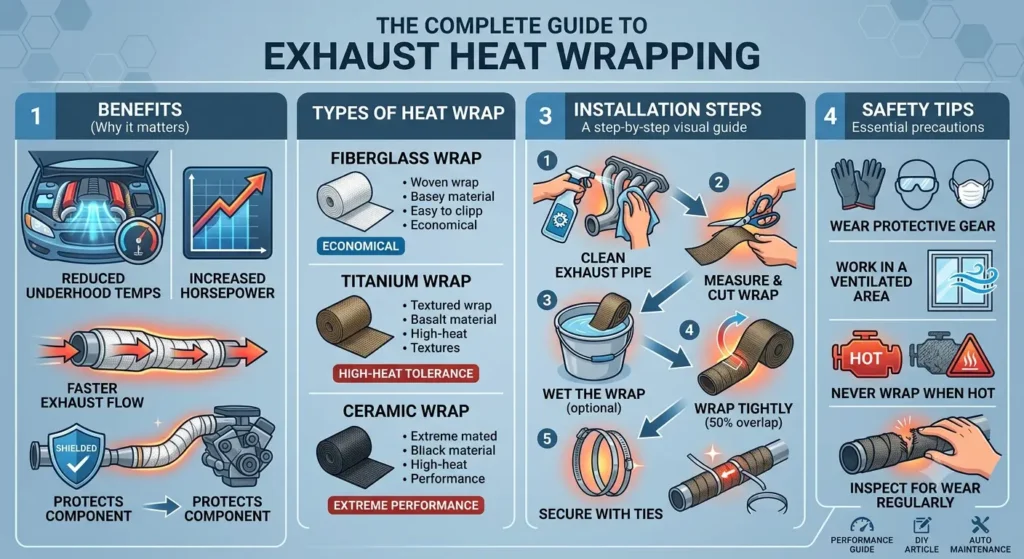 Mechanic installing exhaust heat wrapping on vehicle exhaust pipes