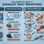 Mechanic installing exhaust heat wrapping on vehicle exhaust pipes