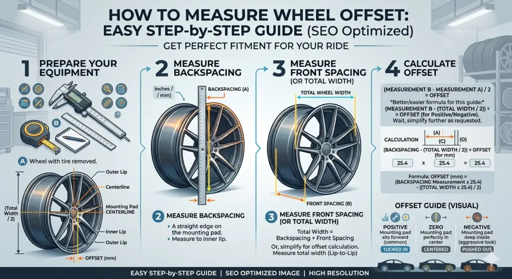 How do you measure offset on wheels using a tape measure and straight edge