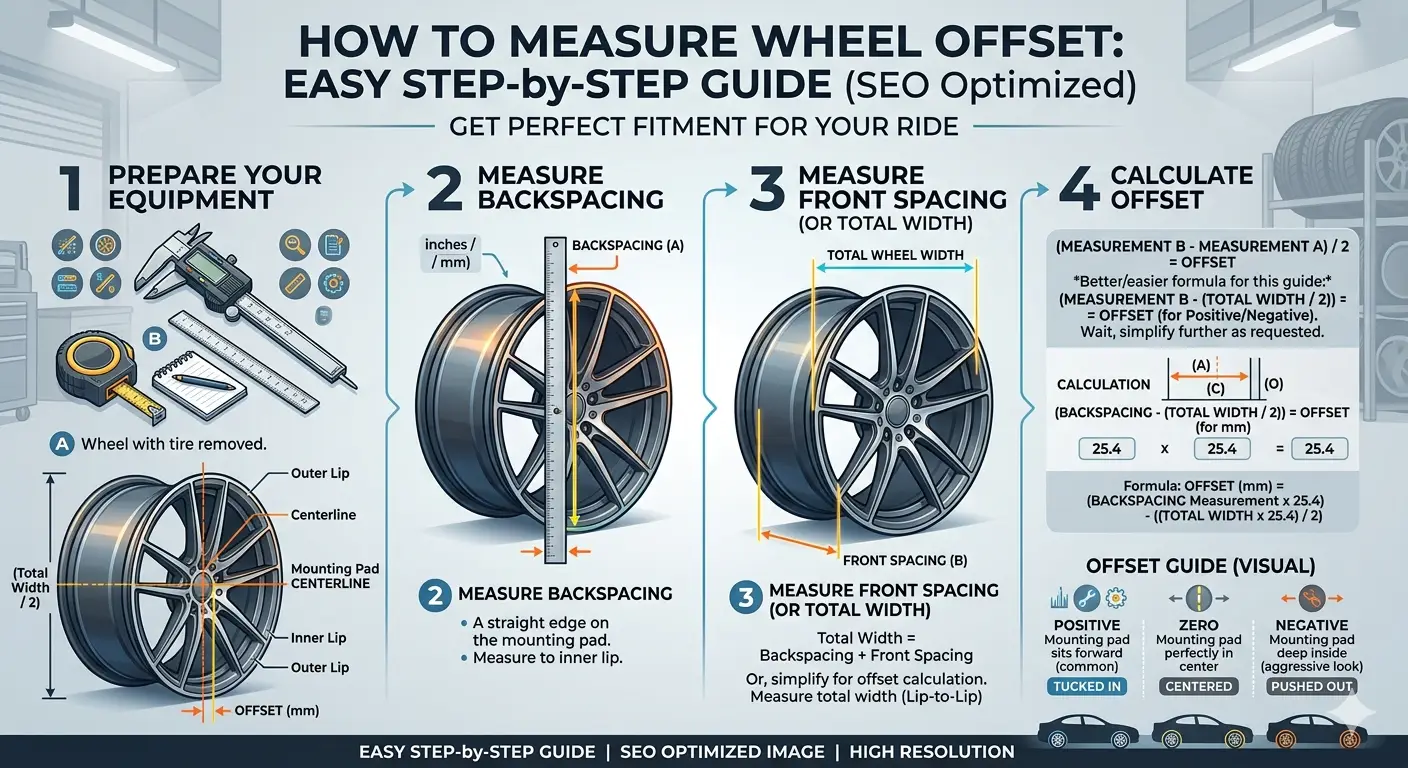 How do you measure offset on wheels using a tape measure and straight edge
