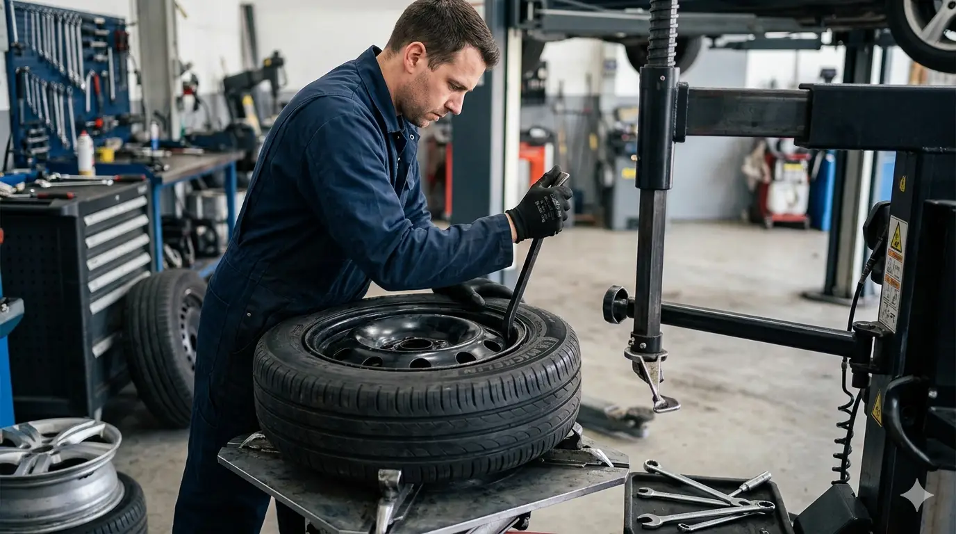 Person removing a tire from a rim using tire irons