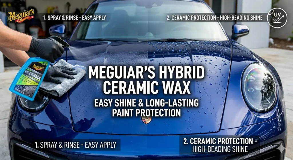 Meguiar's Hybrid Ceramic Wax being applied to a shiny vehicle