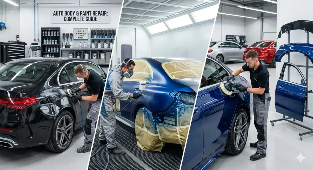 Auto body and paint shop technician repairing and painting a vehicle