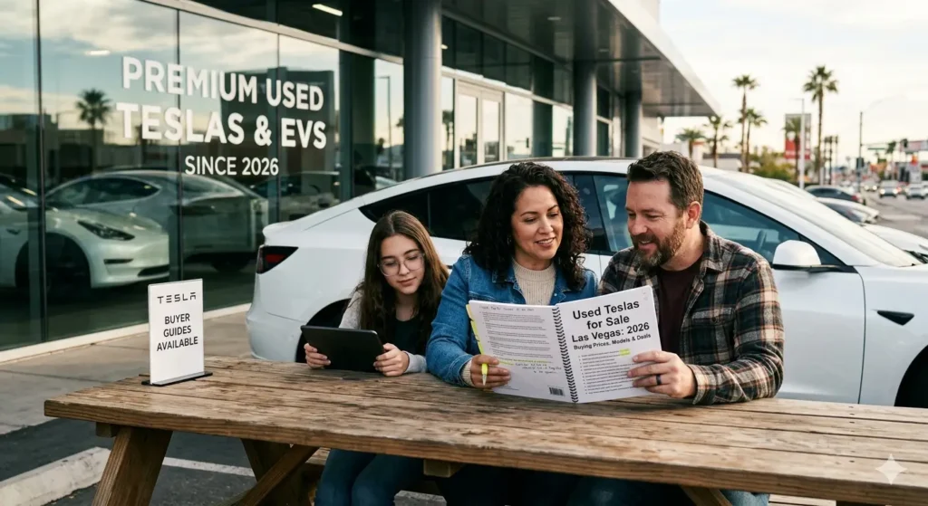 Used Teslas for sale Las Vegas including Tesla Model 3 and Model Y at dealership lot